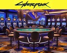 Logotipo de Cyberpunk 2077 sobre un casino futurista (Fuente de la imagen: Rockstar Games con ediciones)