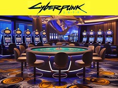 Logotipo de Cyberpunk 2077 sobre un casino futurista (Fuente de la imagen: Rockstar Games con ediciones)