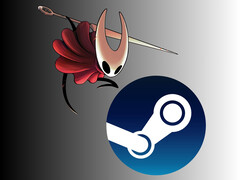 Hornet de Hollow Knight: Silksong sobre el logotipo de Steam (Fuente de la imagen: Team Cherry, Steam, con ediciones)