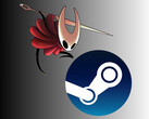 Hornet de Hollow Knight: Silksong sobre el logotipo de Steam (Fuente de la imagen: Team Cherry, Steam, con ediciones)