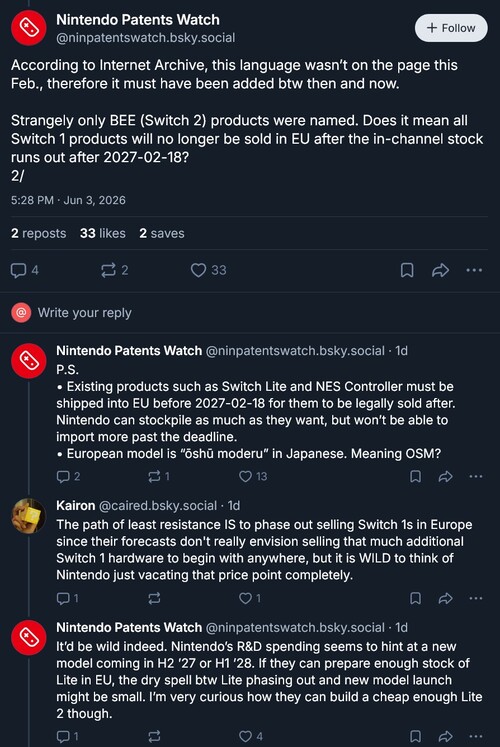Patentes de Nintendo Puesto de observación sobre las revisiones de la batería de Switch 2