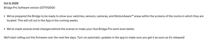 Las notas de la primera actualización de Philips Hue Bridge Pro. (Fuente de la imagen: Philips Hue)