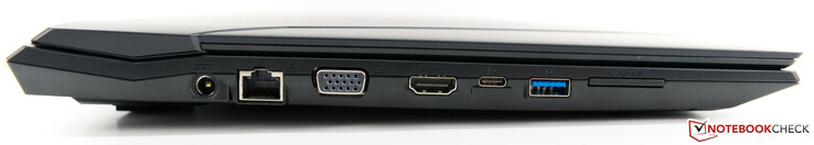 Lado izquierdo: DC-in, RJ45 LAN, VGA, HDMI 1.4b, USB 3.1 Gen2 Tipo C (DisplayPort: no, función de carga de portátil: no), USB 3.1 Gen2 Tipo A, lector de tarjetas 6 en 1