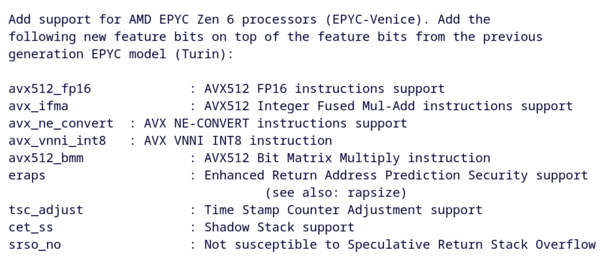 El mensaje de confirmación del parche de QEMU de Ben Cheatham, en el que se enumeran las nuevas funciones añadidas para Epyc-Venice.
