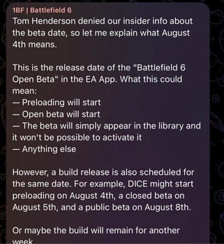 respuesta de 1BF a Tom Henderson sobre la hora de inicio de la beta abierta de Battlefield 6 (Fuente de la imagen: GamingLeaksandRumours subreddit, canal de Telegram de 1BF)