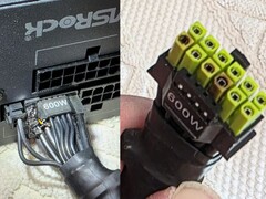 El conector de alimentación ASRock TempGuard quemado que se muestra en la imagen, con daños en los cables de la fuente de alimentación