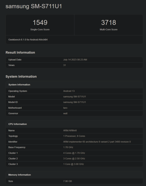 Galaxy S23 FE en Geekbench con un Snapdragon 8 Gen 1 (imagen vía Geekbench)