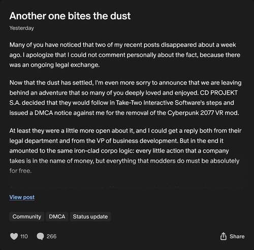 Publicación de Luke Ross en Patreon sobre el desmontaje del mod de RV Cyberpunk 2077 (Fuente de la imagen: captura de pantalla, Luke Ross Patreon)