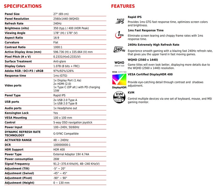 MSI Optix MAG274QRX - Especificaciones. (Fuente: MSI)