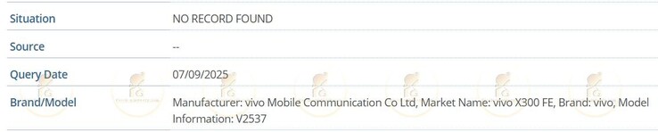 El Vivo X300 FE avistado en la base de datos IMEI, confirmando su número de modelo como V2537. (Fuente de la imagen: Passionategeekz)
