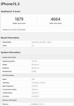 Puntuaciones de Geekbench del A16 Bionic.