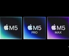 Representación artística de los chips M5, M5 Pro y M5 Max de Apple. (Fuente de la imagen: Apple, editado con Gemini)