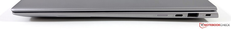 Derecha: lector microSD, USB-C 3.2 Gen.2 (10 GBit/s, DisplayPort-ALT 1.4), USB-A 3.2 Gen.1 (5 GBit/s), bloqueo Kensington