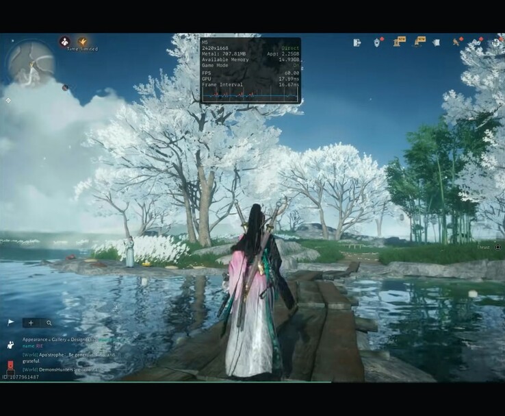 Where Winds Meet Mobile ejecutándose en el iPad Pro M5 con superposición de rendimiento que muestra la resolución y la velocidad de fotogramas (Fuente de la imagen: Dame Tech vía YouTube)