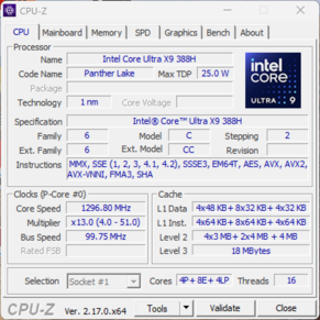 CPU-Z: Core Ultra X9 388H