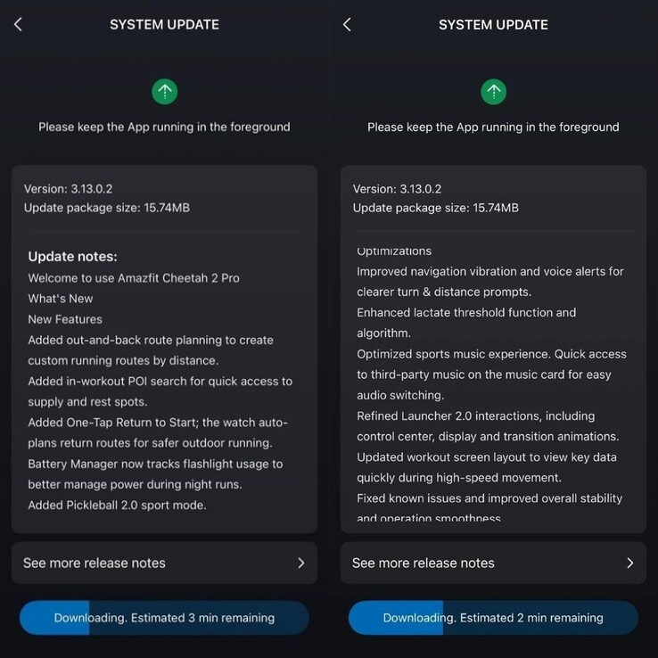 Las notas de la versión para Amazfit Cheetah 2 Pro fw 3.13.0.2