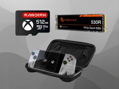 Se muestran los accesorios del Asus ROG Ally (Fuente de la imagen: Sandisk, Seagate, Asus con ediciones)