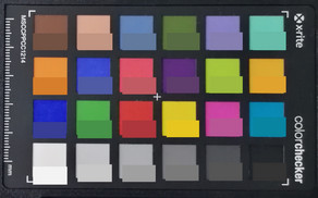 ColorChecker colores fotografiados. La mitad inferior de cada cuadrado muestra el color original.