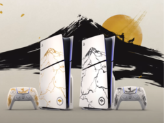 Placas de PS5 de edición limitada de Ghost of Yotei en exposición (fuente de la imagen: PlayStation YT)
