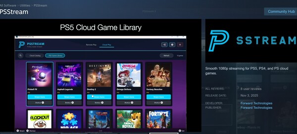 Se muestra la función de biblioteca de juegos de PS5 de PSStream (Fuente de la imagen: captura de pantalla, Steam, PSStream con ediciones)