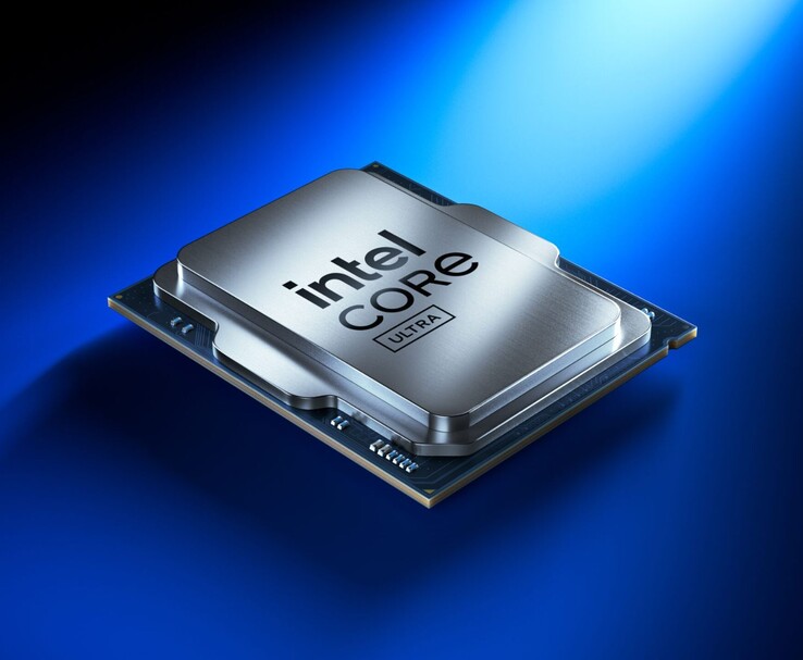 Procesador Intel Core Ultra sobre un fondo azul degradado, mostrando su elegante diseño metálico y sus circuitos integrados. (Fuente de la imagen: Intel)