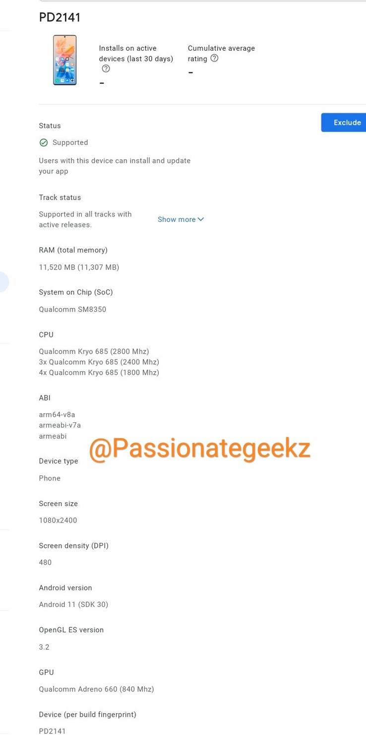 El PD2141 sigue teniendo Android 11 y 12GB de RAM, al menos. (Fuente: @Passionategeekz vía Twitter)