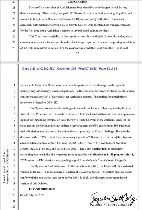 Conclusión del caso FTC contra Microsoft. (Fuente de la imagen: vía The Washington Post)