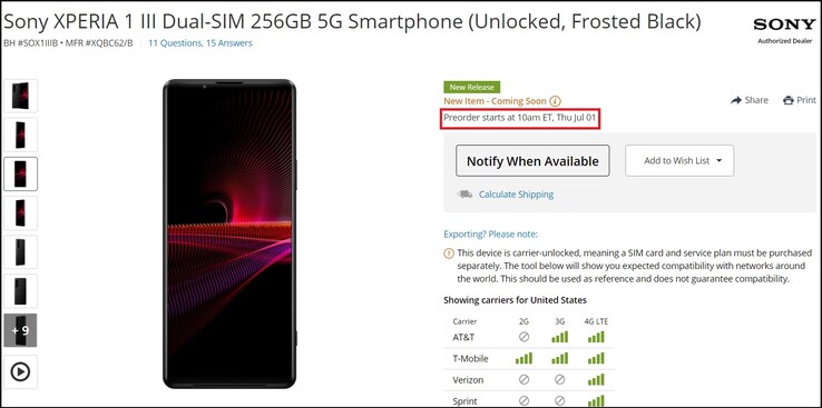 Fecha de precompra del Sony Xperia 1 III. (Fuente de la imagen: B&amp;H Photo)