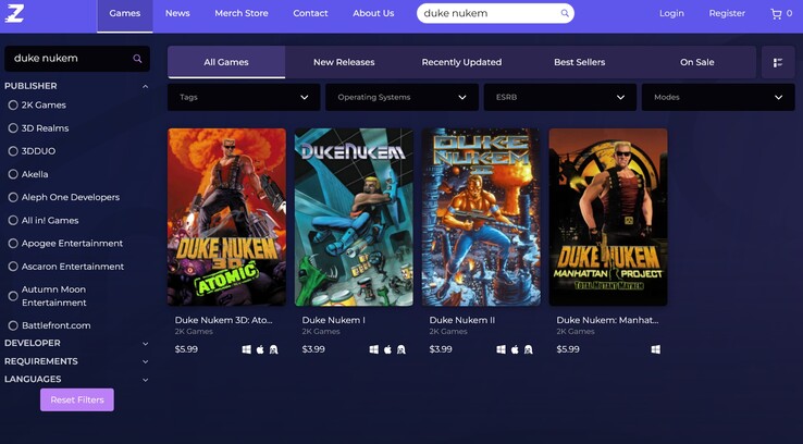 Plataforma Zoom Juegos retro de Duke Nukem a la venta (Fuente de la imagen: captura de pantalla, Plataforma Zoom)