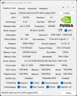 GPU-Z Nvidia GeForce RTX 4070 Portátil