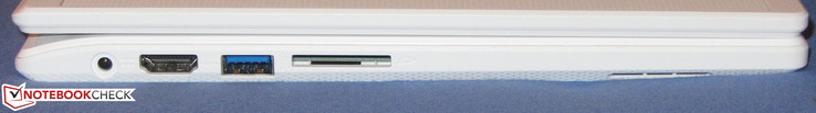 Lado izquierdo: Toma de corriente continua, salida HDMI, USB 3.1 Gen 1 (Tipo A), lector de tarjetas SD (SDXC)