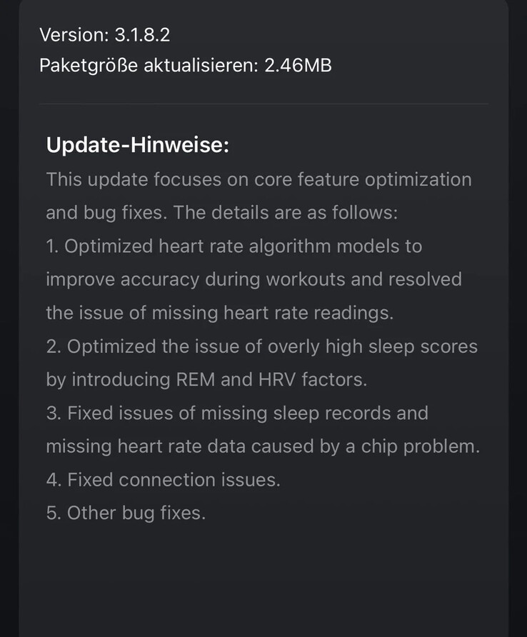 Las notas de la versión 3.1.8.2 para la correa Amazfit Helio. (Fuente de la imagen: u/Realistic_Tell_533 vía Reddit)