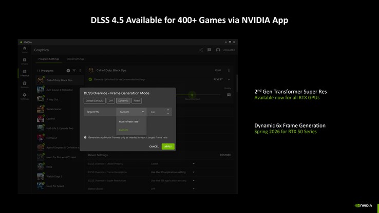 DLSS 4.5 con Transformer de 2ª generación puede activarse directamente a través de la aplicación de Nvidia para todas las GPU RTX. (Fuente de la imagen: Nvidia)
