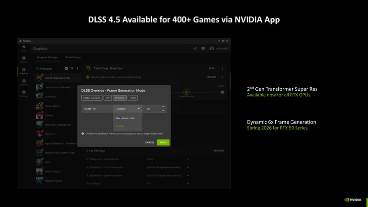 DLSS 4.5 con Transformer de 2ª generación puede activarse directamente a través de la aplicación de Nvidia para todas las GPU RTX. (Fuente de la imagen: Nvidia)