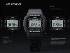 Reloj Casio G-Shock GW-BX5600 mostrado con llamadas que destacan su pantalla LCD MIP, sus dos estilos de fuente, la tecnología Tough Solar, la conectividad Bluetooth y la sincronización horaria por radio Multiband 6.