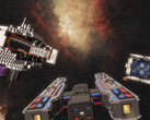 Captura de pantalla de Cubic Odyssey con un crucero espacial contra una nube de gas