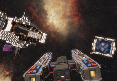 Captura de pantalla de Cubic Odyssey con un crucero espacial contra una nube de gas