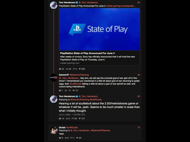 Tom Henderson y Jeff Grubb respondiendo a un comentario sobre el juego spinoff de God of War. (Fuente de la imagen: Xcancel)
