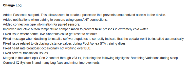 Las notas de la versión 23.09 del software para el Garmin Descent G2. (Fuente de la imagen: Garmin)