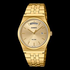 Reloj Casio MTP-B146G-3AV con caja y brazalete de acero inoxidable con recubrimiento iónico dorado, esfera en tono dorado, indicador del día a las 12 en punto y ventana de fecha a las 3 en punto.