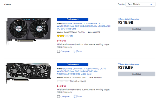 Las dos tarjetas Gigabyte RTX 3050 en Best Buy ya están agotadas. (Fuente: Bestbuy)