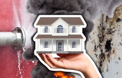 Los monitores de fugas de agua, los detectores de humo y los termostatos tienen potencial para una casa inteligente. Imagen de una casa genérica, una tubería con fugas y un incendio. (Fuente de la imagen: Canva -edits)