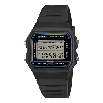 Casio F-B100W-1A con caja negra y correa de resina, y un anillo decorativo azul alrededor de la esfera.