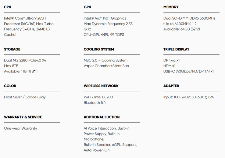 Especificaciones completas del mini PC (Fuente de la imagen: Beelink)