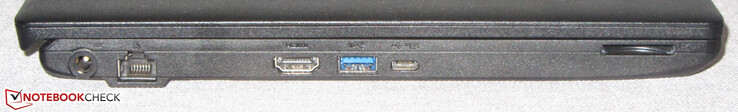 Izquierda: puerto de alimentación, Gigabit-Ethernet, HDMI, USB 3.2 Gen 1 (Tipo A), USB 3.2 Gen 2 (Tipo C; Power Delivery, DisplayPort), lector de tarjetas de almacenamiento (SD)