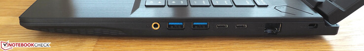 Lado derecho: audio, 2x USB-A 3.0, 2x USB-C 3.0, RJ45-LAN, Kensington Lock