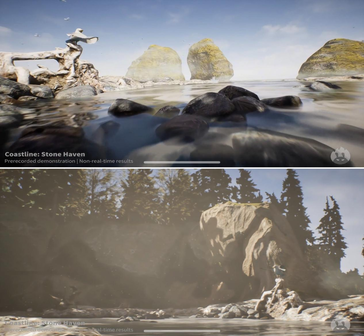 Escena costera: resultados de renderizado en tiempo no real frente a tiempo real