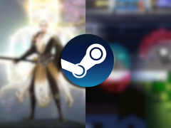 El logotipo de Steam superpuesto sobre dos capturas de pantalla borrosas tanto de Beat Survival como de Celestial Bond.