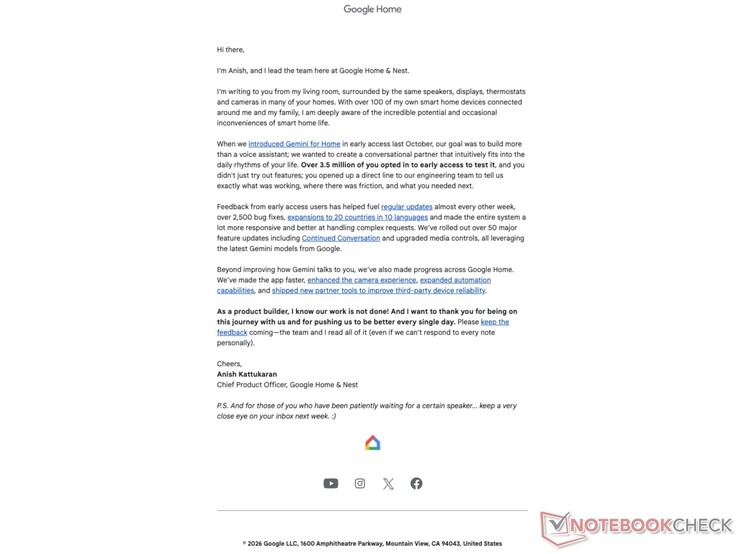Correo electrónico de Google Home enviado por el director de producto.