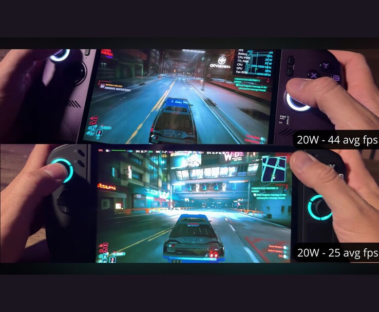 La MSI Claw 8 AI+ y la Lenovo Legion Go 2 ejecutan «Cyberpunk 2077» a 20 W, con 44 FPS y 25 FPS, respectivamente.